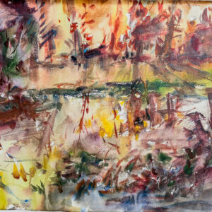An abstract watercolor study of a wooded pond at sunset, featuring a warm yellow glow in the center surrounded by patches of deep red, purple, and green.