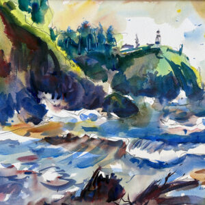 A vibrant watercolor of a coastal lighthouse perched on a steep, grassy cliff. The ocean in the foreground is depicted with choppy, dark blue and white brushstrokes. The cliffside is a mix of deep indigo shadows and bright lime green highlights under a pale yellow sky.