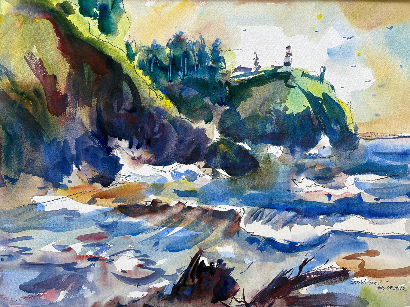 A vibrant watercolor of a coastal lighthouse perched on a steep, grassy cliff. The ocean in the foreground is depicted with choppy, dark blue and white brushstrokes. The cliffside is a mix of deep indigo shadows and bright lime green highlights under a pale yellow sky.