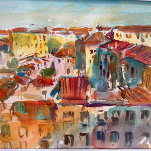 An impressionistic watercolor of a European-style cityscape seen from an elevated view. The painting features a cluster of buildings with terracotta roofs, rendered in warm oranges, reds, and yellows. The structures are defined by loose, dark gestural lines, while the sky and distant buildings fade into soft blue and pale green washes.