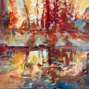 An abstract watercolor painting in warm autumn tones of red, orange, and gold, depicting a dense forest reflecting across a calm body of water.