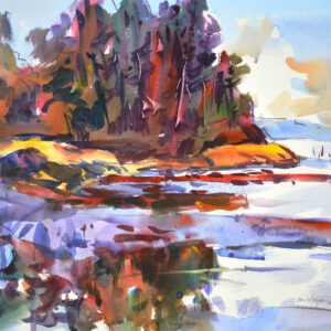 Expressionist watercolor painting of a Pacific Northwest estuary. Lush forest of tall trees in deep purples, reds, and oranges dominates the upper half. A low sandbar with golden-orange tones sits mid-painting, reflected in the calm, silvery-blue water below. Gestural brushwork and rich color contrasts evoke wild, natural beauty.