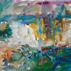 Highly abstract watercolor painting of pond reflections. Loose, flowing washes of teal, green, gold, peach, and deep burgundy overlap and blur, suggesting submerged vegetation, shimmering water surfaces, and sky reflections. White flecks of reserved paper create sparkle and light throughout the composition.