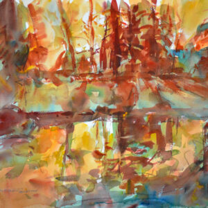 Luminous watercolor of a forest at sunrise reflected in still water. Towering conifers in deep burnt sienna and rust red glow against brilliant golden-yellow light. The mirror-image reflection in the lower half blends warm oranges, greens, and teals, creating a sense of radiant early morning light filtering through trees.