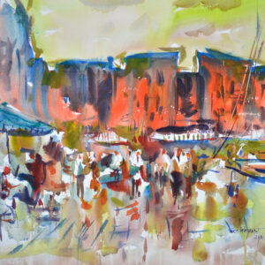 Lively watercolor of the harbor at Honfleur, France. Bold red-orange historic buildings with blue awnings line the background. A crowd of figures in colorful clothing fills the bustling quayside, suggested through energetic dabs of red, brown, green, and blue. Sailboat masts rise on the right. Loose, gestural marks convey movement and the energy of a busy market day.