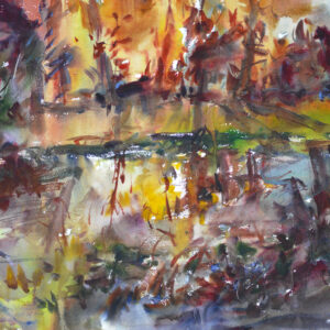 Intensely expressive watercolor of a pond at dawn. Blazing amber and gold tree canopy fills the upper half with glowing light, transitioning into deep purple and blue foliage on the sides. The calm pond below mirrors warm yellows and cool grays. Energetic gestural marks in burgundy, red, and dark brown suggest branches, reeds, and water movement.