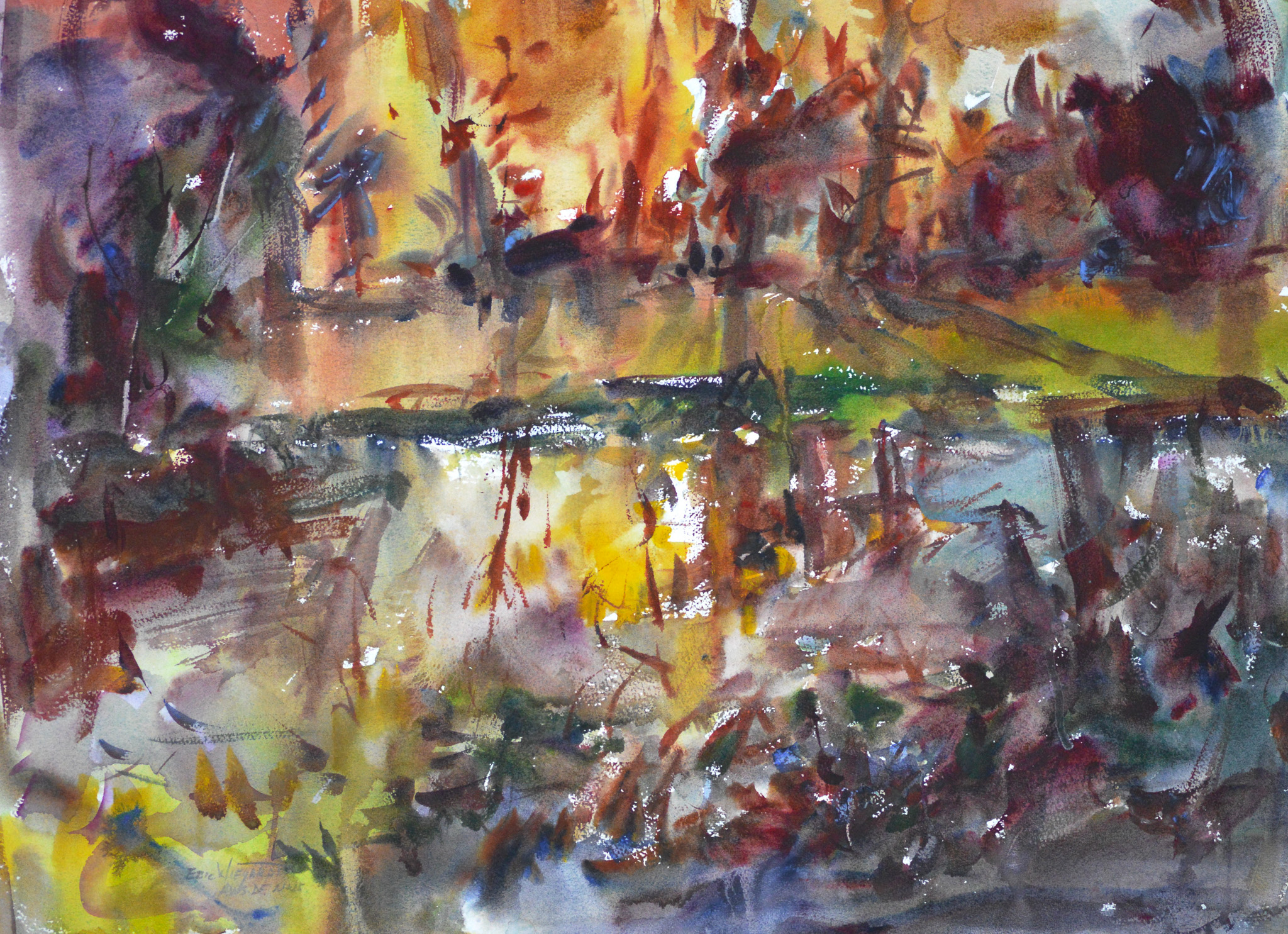 Intensely expressive watercolor of a pond at dawn. Blazing amber and gold tree canopy fills the upper half with glowing light, transitioning into deep purple and blue foliage on the sides. The calm pond below mirrors warm yellows and cool grays. Energetic gestural marks in burgundy, red, and dark brown suggest branches, reeds, and water movement.
