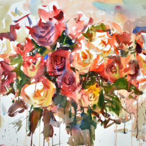Lush watercolor bouquet of roses filling the canvas. Blooms range from deep crimson and mauve to soft peach, coral, and creamy yellow. Dark green foliage and stems weave between the flowers. Loose, gestural brushwork captures the layered petals with bright white highlights and drips of pigment suggesting the freshness of cut flowers.