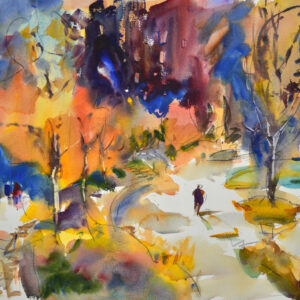 Dynamic watercolor of an autumn park with a solitary stroller. Blazing orange, gold, and deep burgundy foliage towers on the left, contrasted by cool cobalt and violet trees on the right. A small lone figure in dark clothing walks along a light-washed path at the center, dwarfed by the dramatic scale of the colorful trees surrounding them.