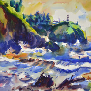 Dramatic watercolor of Cape Disappointment lighthouse on the Washington coast. A rocky green headland crowned by a white lighthouse rises at center-right. Powerful ocean waves in deep cobalt blue and white surge in the foreground, with driftwood logs on the beach. Lush green foliage clings to dark cliffs on the left under a warm golden sky.