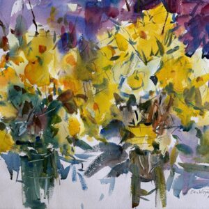 An expressive watercolor painting of yellow daffodils in jars, featuring bold lemon-yellow washes, deep violet shadows, and energetic teal accents. The artist uses loose, gestural brushwork and heavy pigment to create a vibrant, impressionistic floral study.