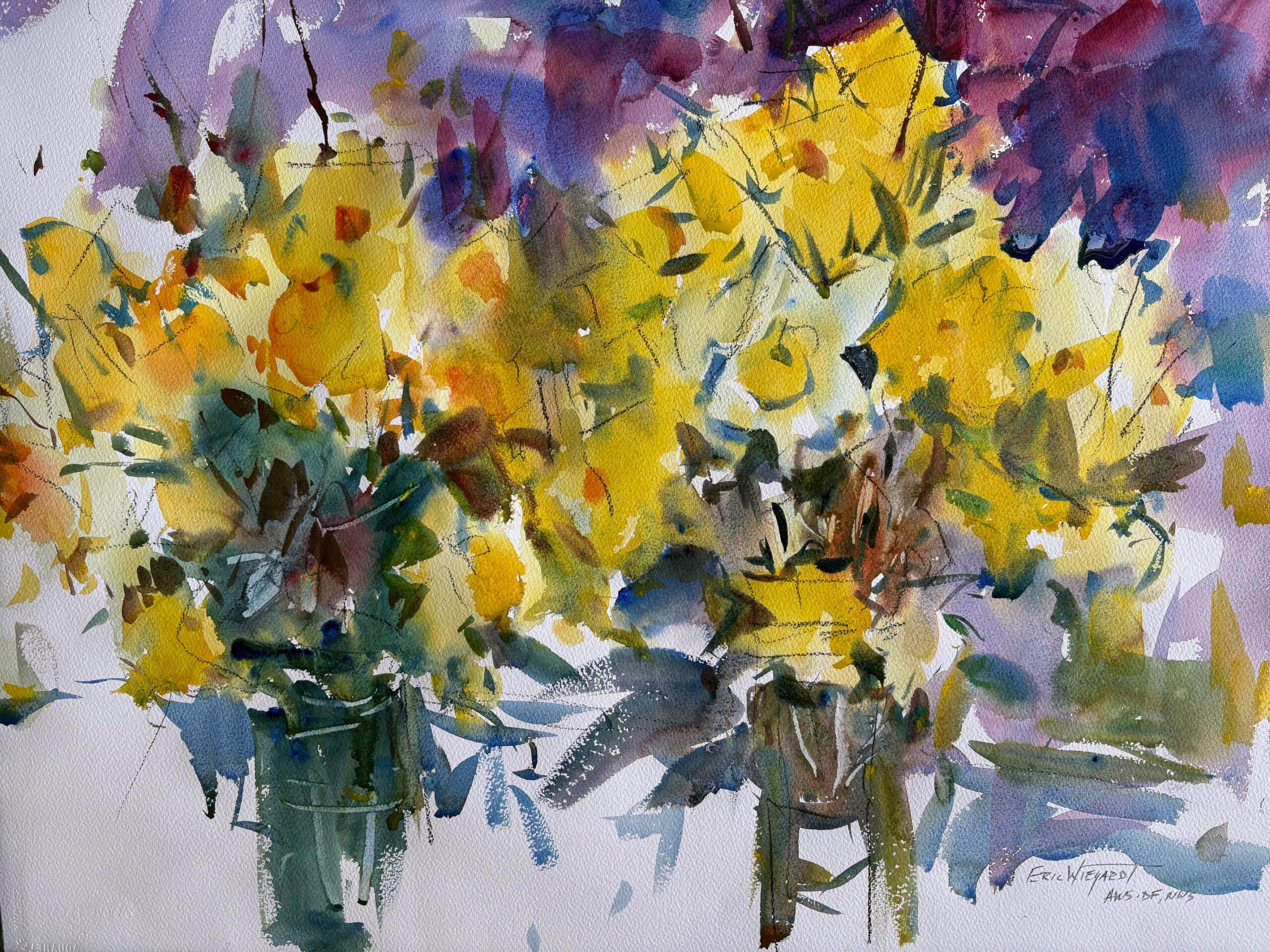 An expressive watercolor painting of yellow daffodils in jars, featuring bold lemon-yellow washes, deep violet shadows, and energetic teal accents. The artist uses loose, gestural brushwork and heavy pigment to create a vibrant, impressionistic floral study.