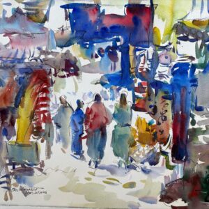 A loose watercolor painting of a bustling market with figures in red, blue, and green robes moving through a sunlit street. Broad, architectural washes of cobalt blue and deep purple frame the scene, emphasizing light and movement.