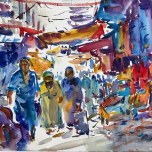 A dynamic watercolor painting of a crowded street with figures in blue and yellow attire walking under a canopy of red and violet washes. The artist uses wet-on-wet techniques and heavy pigment to suggest heat, light, and the rhythm of a busy bazaar.