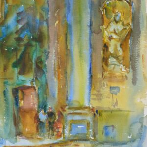 A vertical watercolor of a cathedral interior. Two large, blurry pillars in teal and brown dominate the left. On the right wall, a bright golden niche holds a faint, saintly figure. Two small dark silhouettes stand on the floor below to show scale.