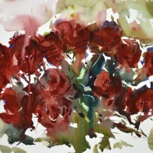 Expressive watercolor bouquet of deep crimson and burgundy roses, densely clustered with gestural teal and green foliage against a soft white background.