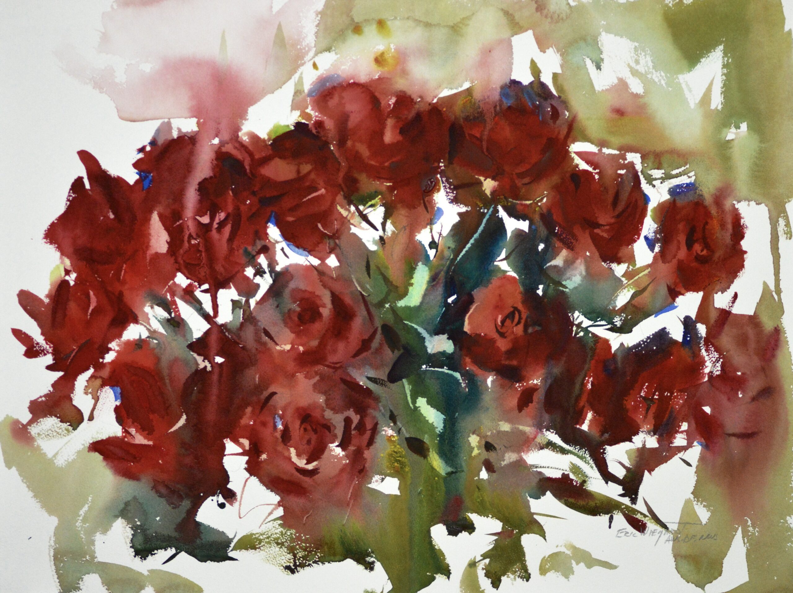 Expressive watercolor bouquet of deep crimson and burgundy roses, densely clustered with gestural teal and green foliage against a soft white background.