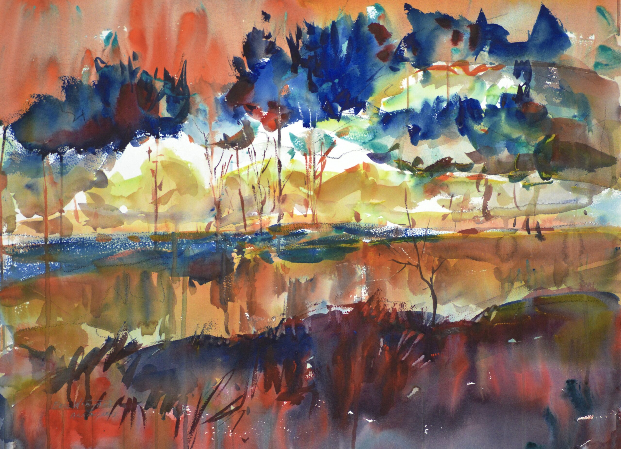 Vibrant watercolor estuary at dusk, with deep blue tree masses silhouetted against a warm coral sky, a glowing band of light across the middle, and rich purples and burnt siennas in the shadowed foreground.