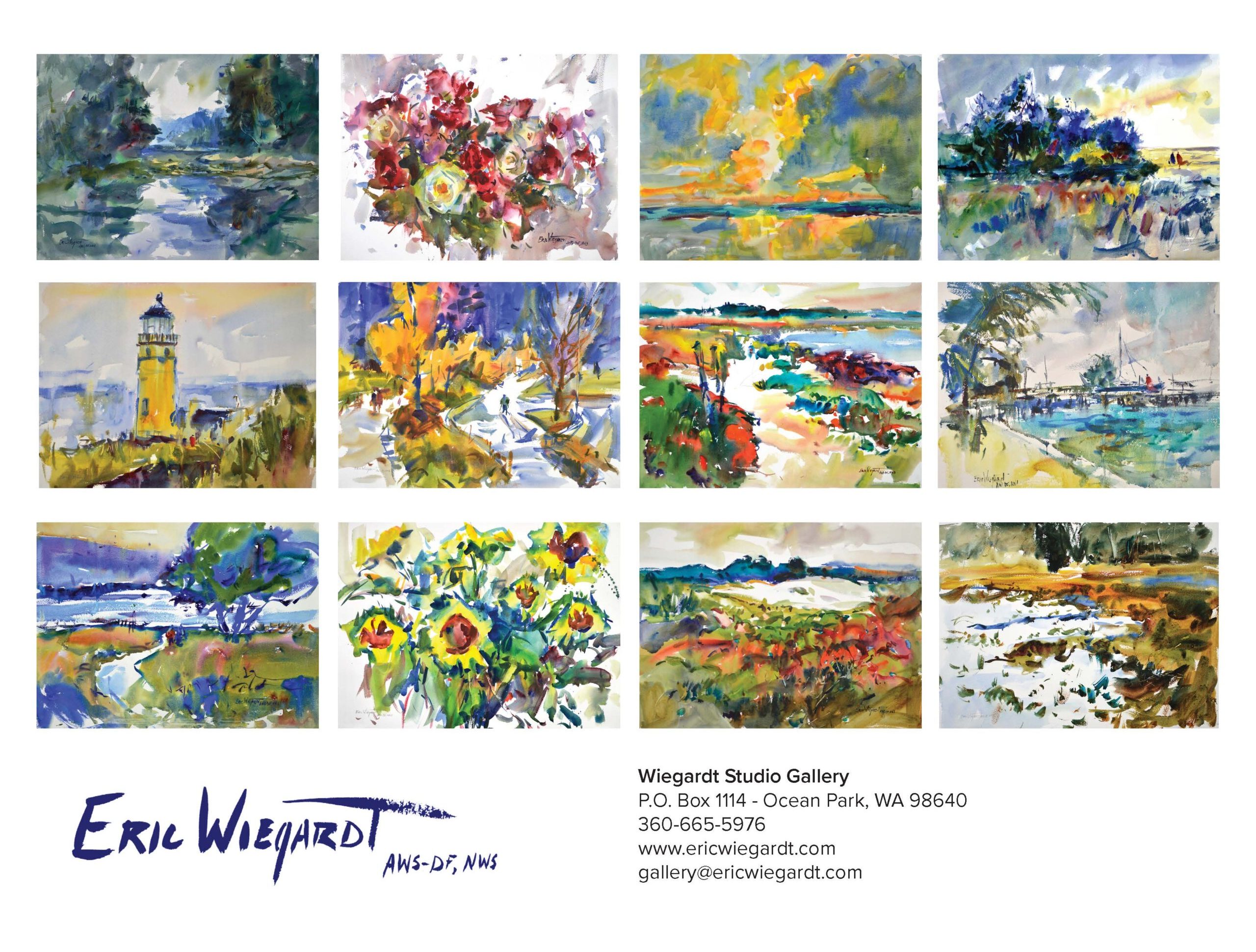 Back cover of the 2027 Eric Wiegardt Watercolor Calendar. The Eric Wiegardt signature logo and gallery contact information appear at the top, including the Wiegardt Studio Gallery address in Ocean Park, Washington, phone number 360-665-5976, and website ericwiegardt.com. Below, a grid of twelve small watercolor reproductions previews the paintings featured inside the calendar. The works include luminous coastal landscapes, vibrant floral close-ups, autumnal tree scenes, and reflective waterway studies — all rendered in Wiegardt's signature loose, expressive style with bold color.