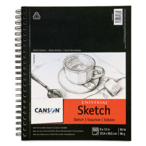 Black hardcover spiral-bound sketchbook with a black double-wire spiral along the left edge. The cover features a realistic pencil drawing of a teacup on a saucer with a spoon and tea bag alongside it. Below the artwork, an orange and white banner displays the Canson logo and the word "Sketch" in large letters. The bottom of the cover shows sheet count, dimensions, and paper weight in small text.