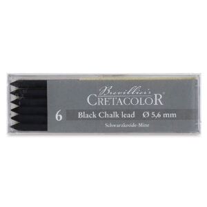 A rectangular clear plastic case holding six black chalk drawing leads arranged parallel with their sharpened points facing left. The front label is gray with elegant white script reading "Brevillier's Cretacolor" above bold text identifying these as Black Chalk Leads, 5.6mm diameter. A small quantity indicator shows the number 6.