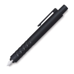 A matte black plastic lead holder shaped like a wide pen. The lower grip section has a raised circular dimple pattern covering the entire surface for secure hold. The upper barrel is smooth and cylindrical with a flat rectangular pocket clip attached. A push-button extender cap sits at the top. The writing end has an exposed silver-tipped lead protruding from a black metal chuck.