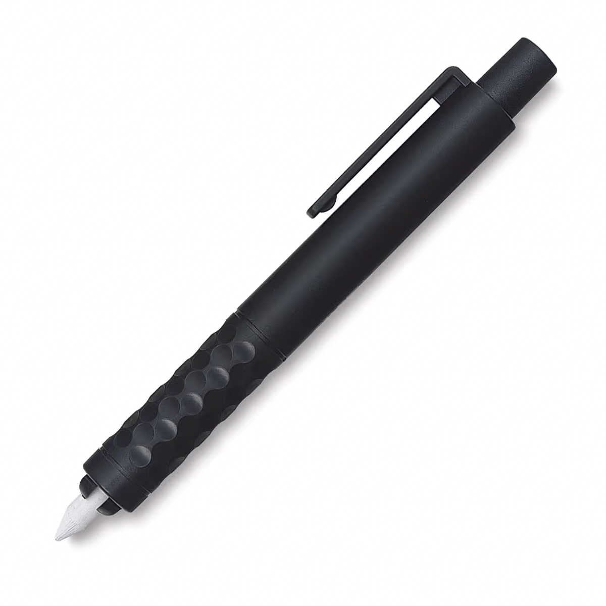 A matte black plastic lead holder shaped like a wide pen. The lower grip section has a raised circular dimple pattern covering the entire surface for secure hold. The upper barrel is smooth and cylindrical with a flat rectangular pocket clip attached. A push-button extender cap sits at the top. The writing end has an exposed silver-tipped lead protruding from a black metal chuck.