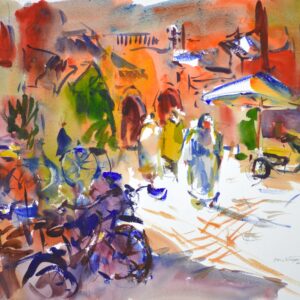 Watercolor street scene in warm reds, oranges, and golds, with robed figures walking past parked bicycles and a white building with blue tile trim under bright sunlight.
