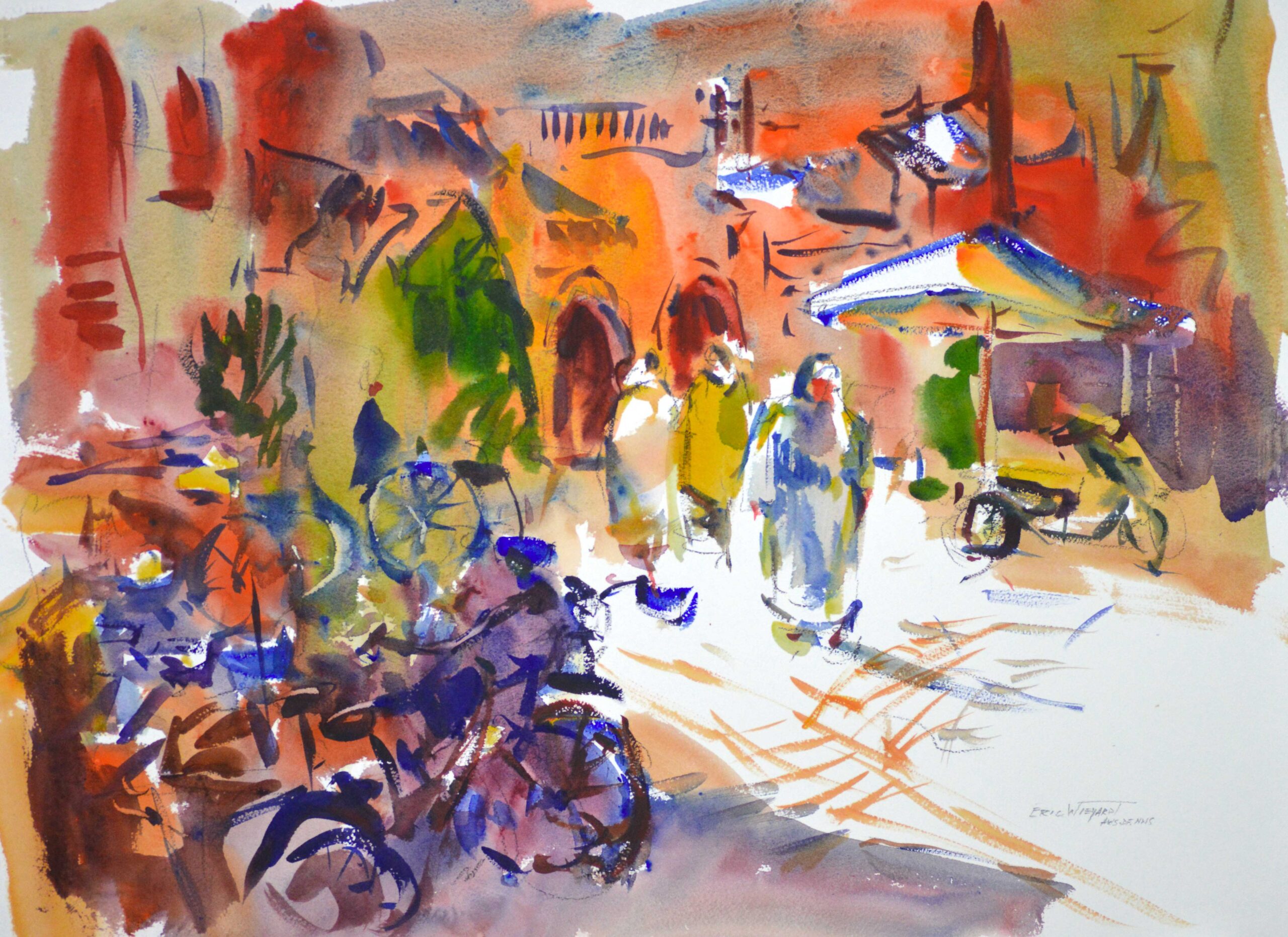 Watercolor street scene in warm reds, oranges, and golds, with robed figures walking past parked bicycles and a white building with blue tile trim under bright sunlight.