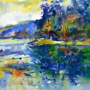 Watercolor landscape of a calm river bend with blue hills, gold and green trees, and their soft reflections mirrored in still water.