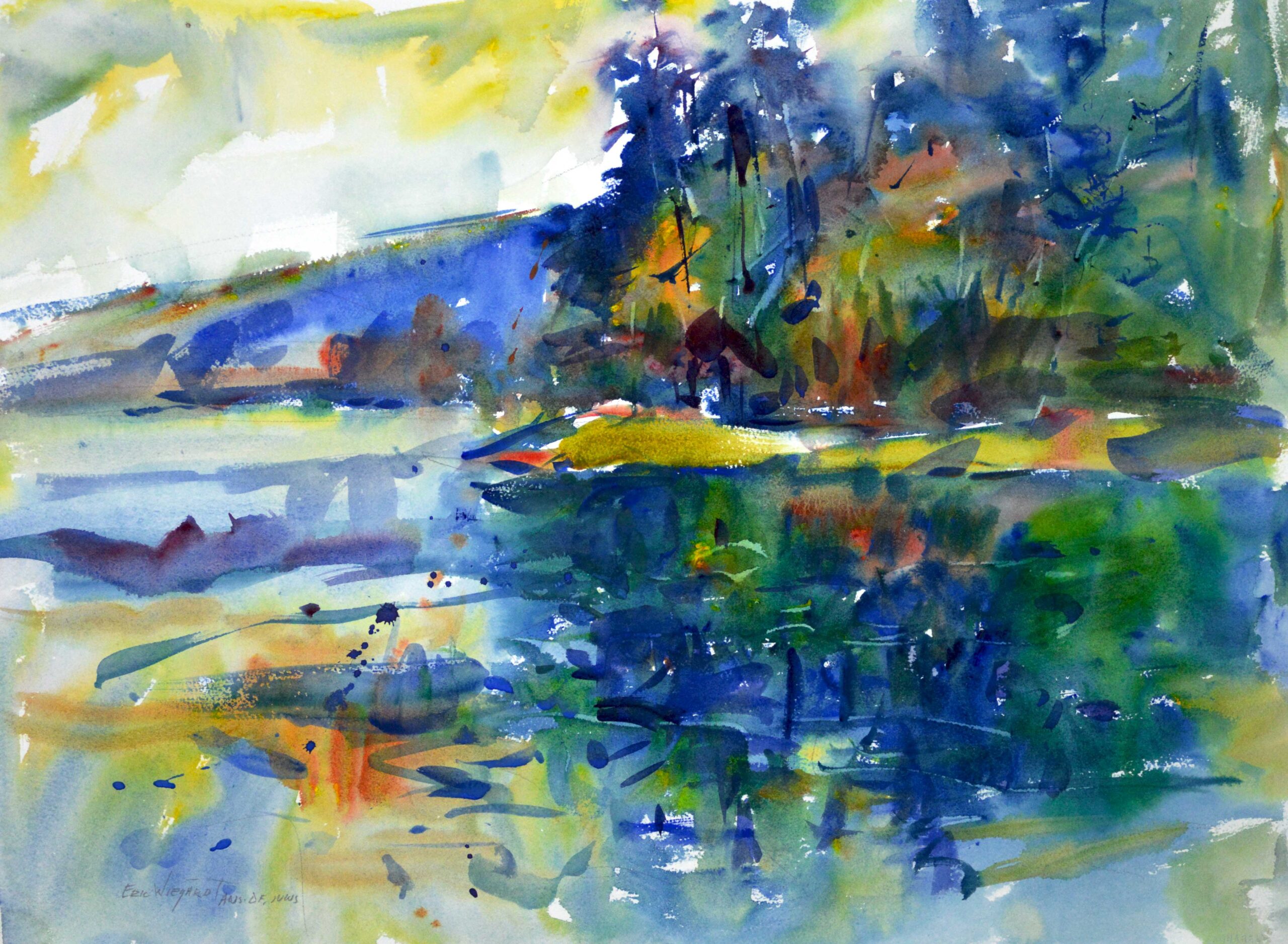Watercolor landscape of a calm river bend with blue hills, gold and green trees, and their soft reflections mirrored in still water.