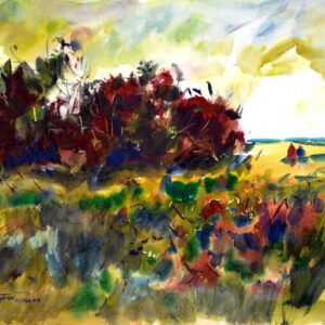 Watercolor coastal field with windswept golden grass and dark red shrubs in the foreground, two small figures walking near the shoreline under a glowing yellow sky.