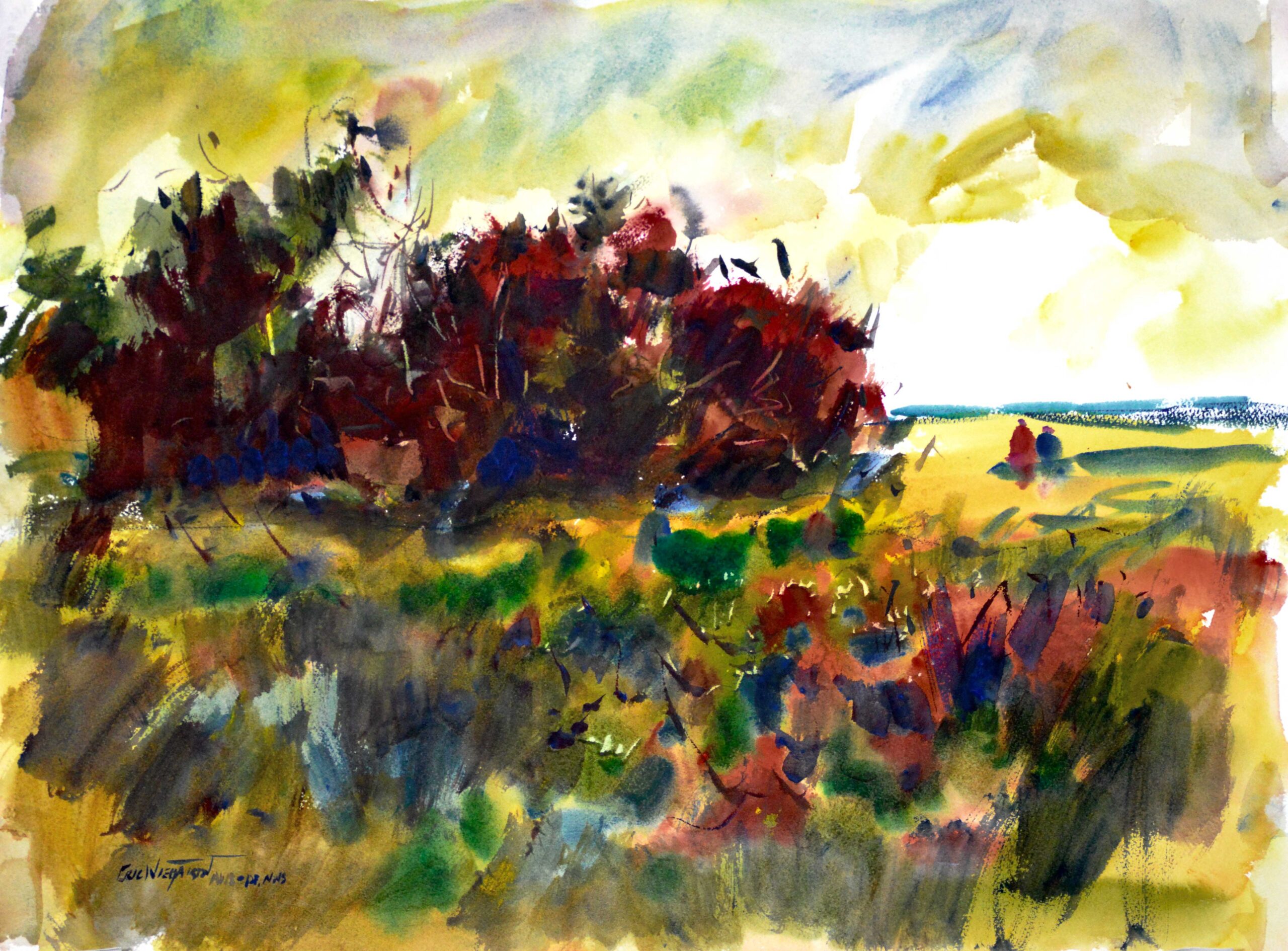 Watercolor coastal field with windswept golden grass and dark red shrubs in the foreground, two small figures walking near the shoreline under a glowing yellow sky.