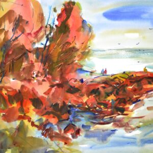 Watercolor coastal landscape with bold red-orange rock formations in the foreground, sparkling ocean light beyond, and birds scattered across a pale sky.
