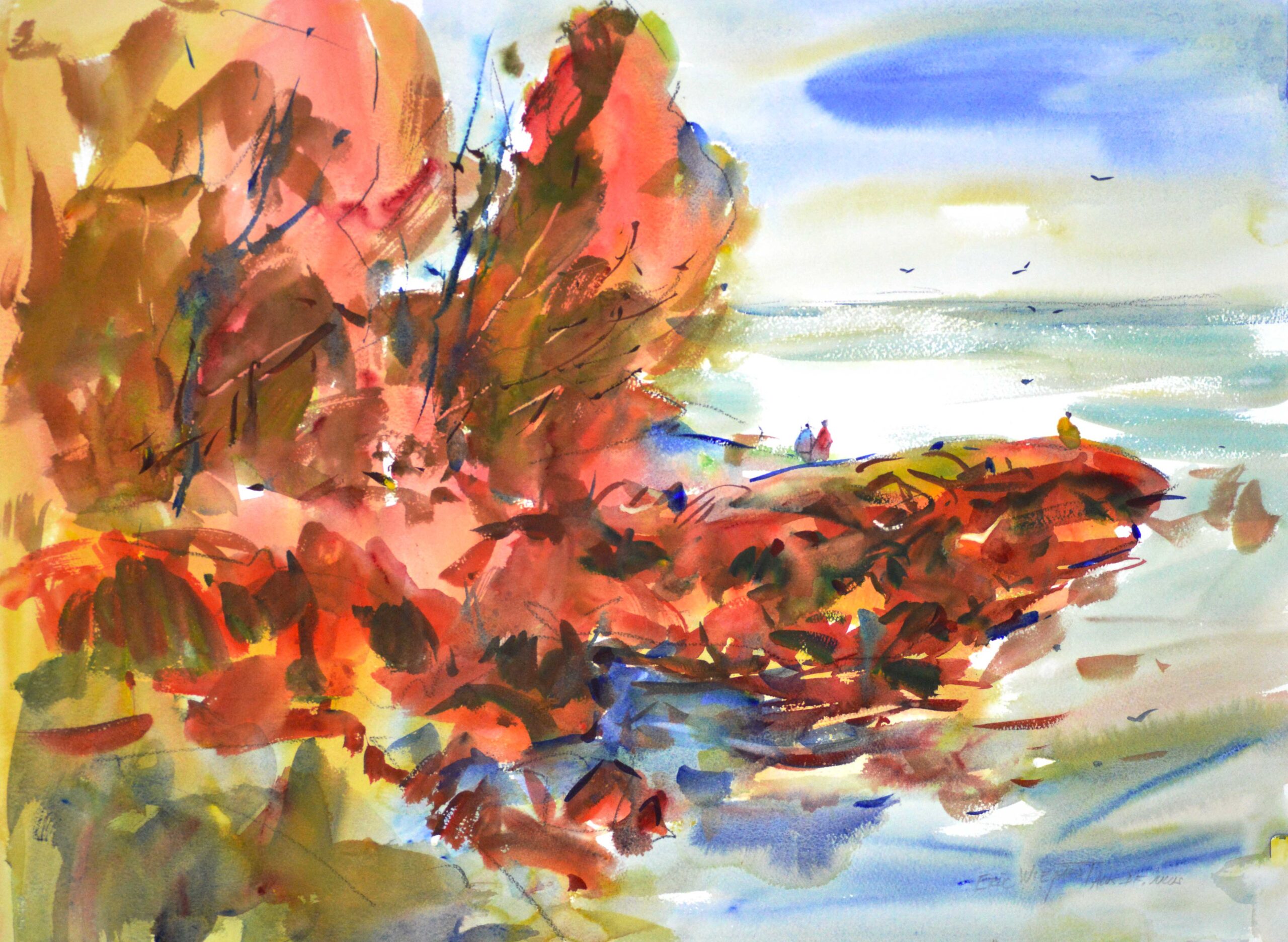 Watercolor coastal landscape with bold red-orange rock formations in the foreground, sparkling ocean light beyond, and birds scattered across a pale sky.