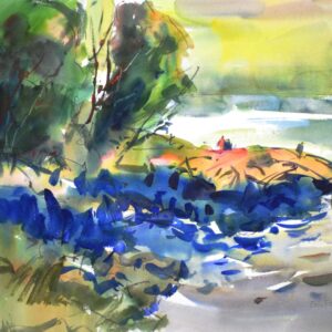 Watercolor coastal scene with deep blue rocks and tide pools in the foreground, green trees at upper left, and a sandy point with small figures leading to calm water.