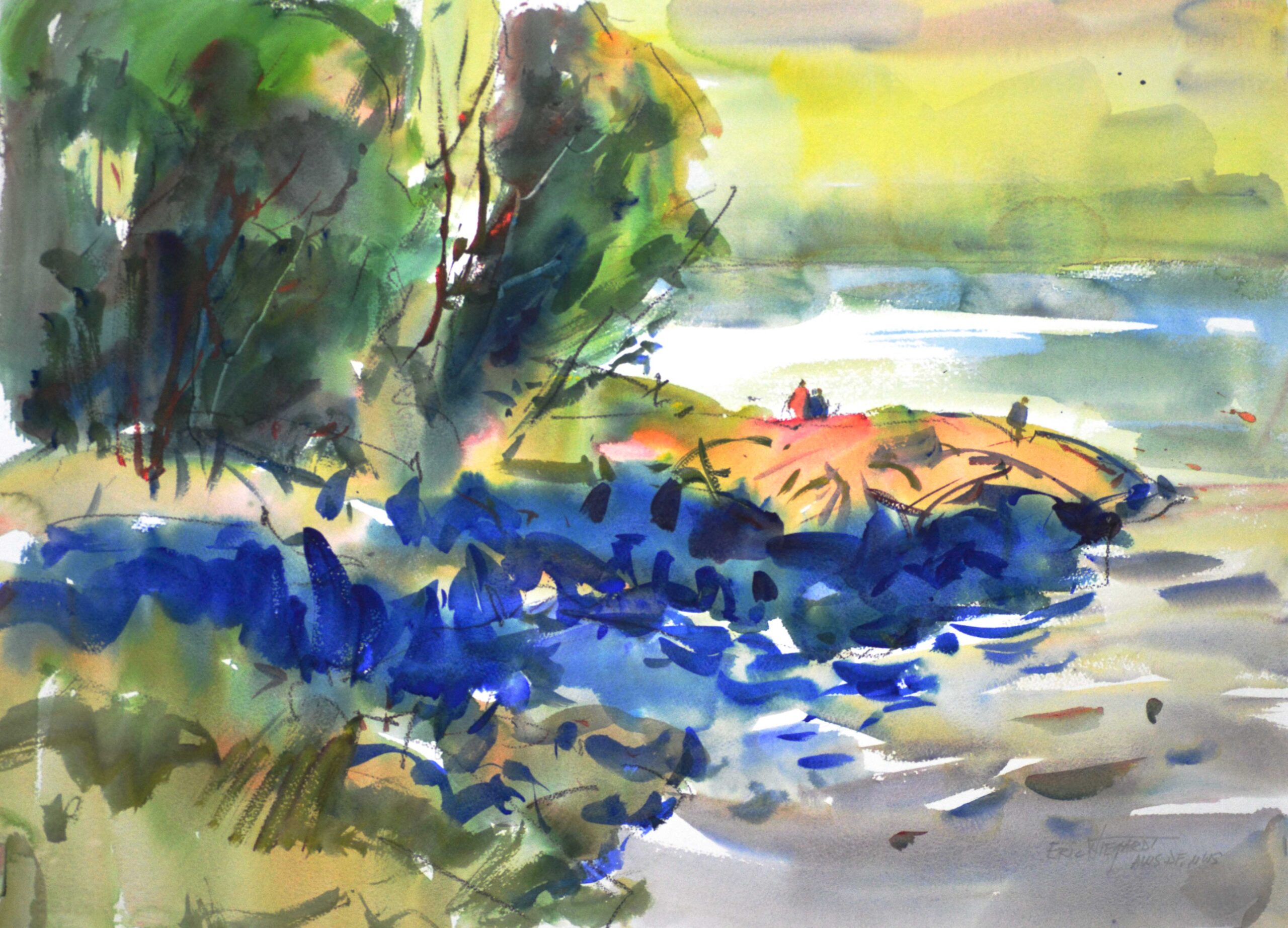 Watercolor coastal scene with deep blue rocks and tide pools in the foreground, green trees at upper left, and a sandy point with small figures leading to calm water.