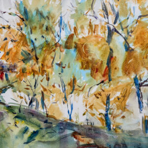 A loose watercolor of autumn trees in golden-orange foliage rising above a grassy green bank, with a pale sky and hints of blue showing through the branches. Bare blue and violet trunks and scattered leaf marks give the scene an airy, expressive feel.