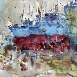 Loose watercolor of a fishing boat hauled out in a boatyard, its pale blue hull above a deep red bottom. A forest of masts and rigging rises into a soft gray-green sky, with a small figure in orange standing at the base of the hull.