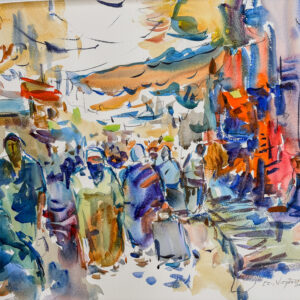 A bustling outdoor market scene in loose watercolor. Figures in blues, purples, and earth tones walk down a crowded lane beneath tan awnings, with vivid orange and red stalls glowing along the right side.