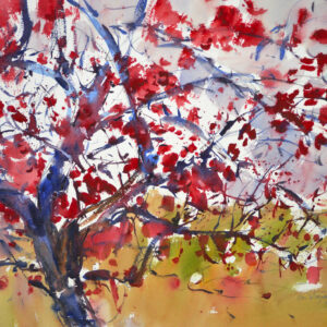 Watercolor of a crab apple tree in full bloom, with bold blue-gray branches spreading openly across the composition. Vivid red and crimson blossoms are scattered in loose, expressive marks against a pale sky, with a warm golden-green ground visible below.