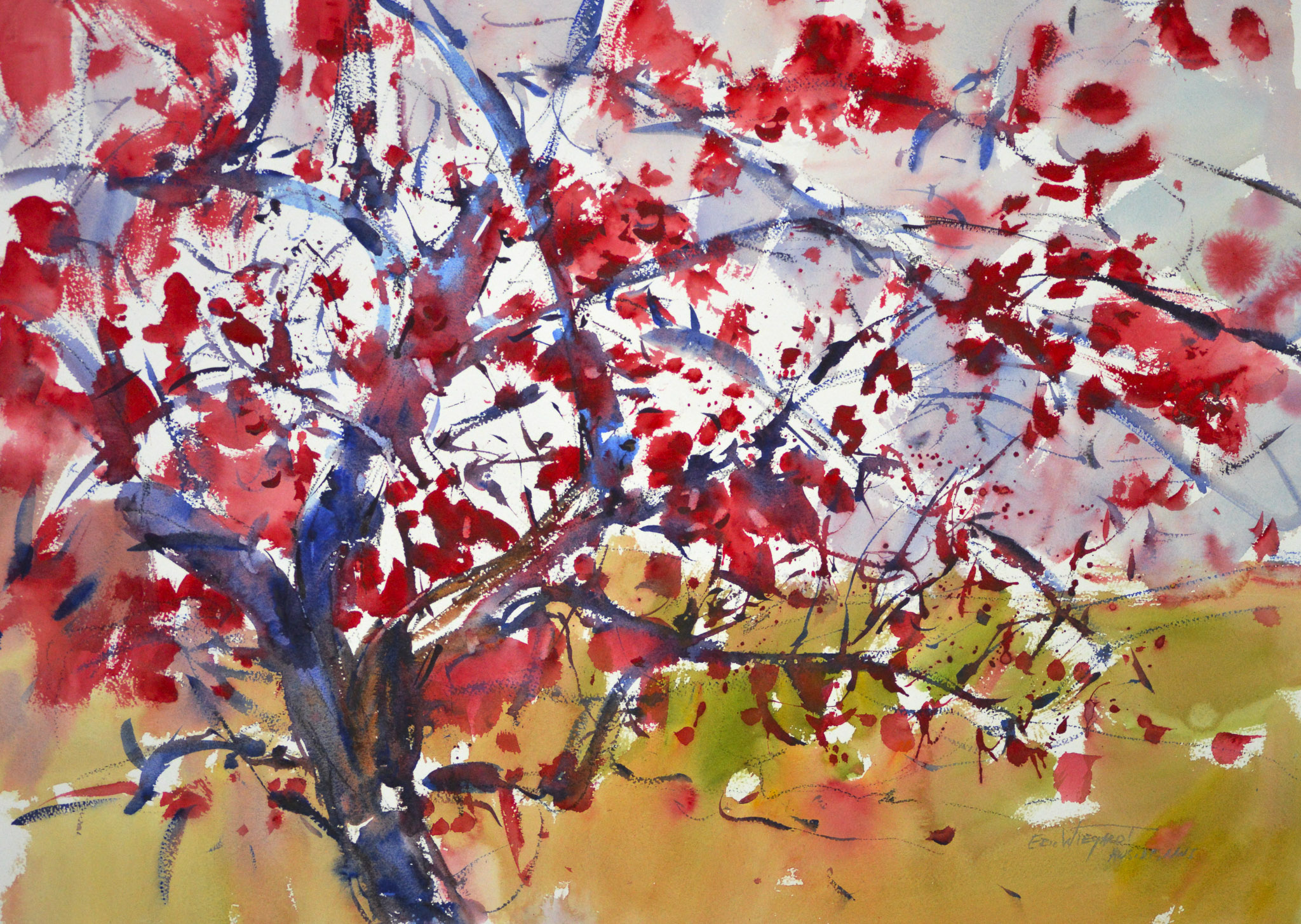 Watercolor of a crab apple tree in full bloom, with bold blue-gray branches spreading openly across the composition. Vivid red and crimson blossoms are scattered in loose, expressive marks against a pale sky, with a warm golden-green ground visible below.