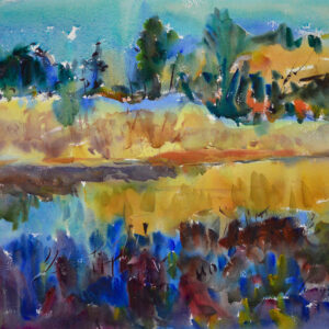 Watercolor estuary landscape with a warm golden sandbar and amber grasses spanning the middle of the composition. A row of blue-green trees lines the horizon, and the rich foreground is filled with dense blue, purple, and dark red brushwork.