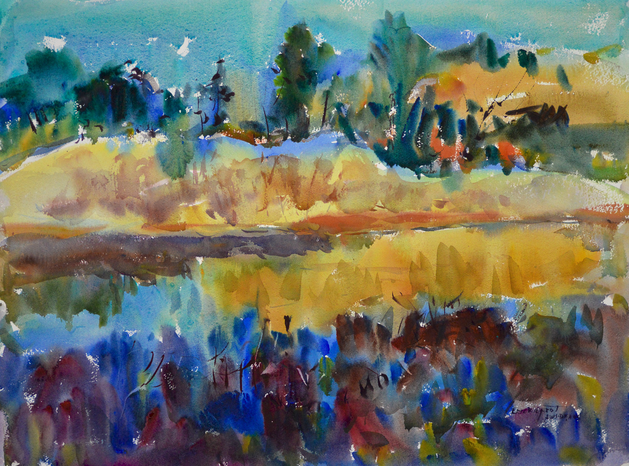 Watercolor estuary landscape with a warm golden sandbar and amber grasses spanning the middle of the composition. A row of blue-green trees lines the horizon, and the rich foreground is filled with dense blue, purple, and dark red brushwork.