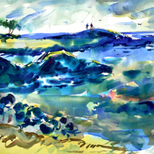 Watercolor coastal scene looking down over blue-green rocks and tide pools in the foreground. A narrow ridge with two tiny figures and small trees appears at upper left, birds scatter across a soft gray-green sky, and the open sea extends to the right.
