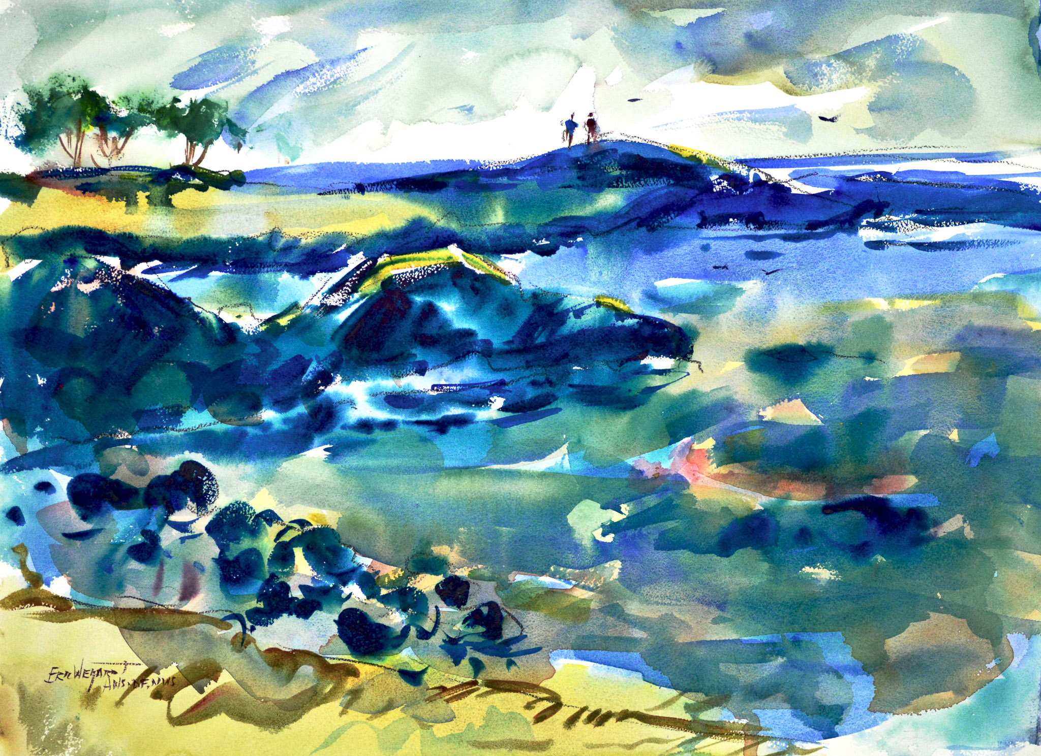 Watercolor coastal scene looking down over blue-green rocks and tide pools in the foreground. A narrow ridge with two tiny figures and small trees appears at upper left, birds scatter across a soft gray-green sky, and the open sea extends to the right.