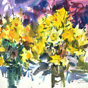 Watercolor of two loose bouquets of daffodils in glass vases, their blooms massed in vivid yellow and gold with green foliage. A soft lavender and purple background with sweeping dark marks contrasts with the bright flowers.