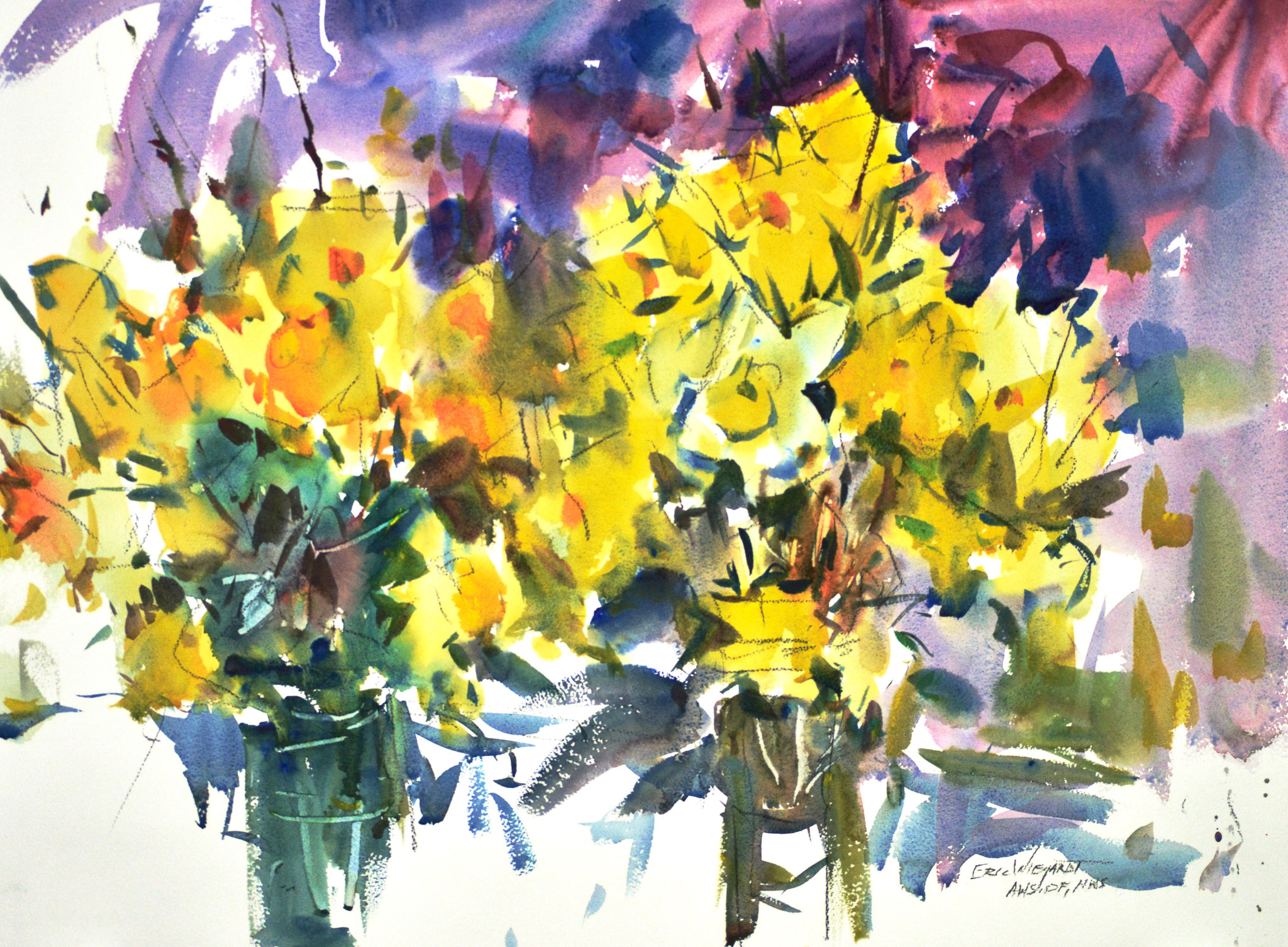 Watercolor of two loose bouquets of daffodils in glass vases, their blooms massed in vivid yellow and gold with green foliage. A soft lavender and purple background with sweeping dark marks contrasts with the bright flowers.