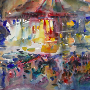 Watercolor pond study with a loosely suggested structure at center rendered in vertical blue and red strokes, surrounded by abstract washes of gold, blue, pink, and teal evoking water and surrounding vegetation.
