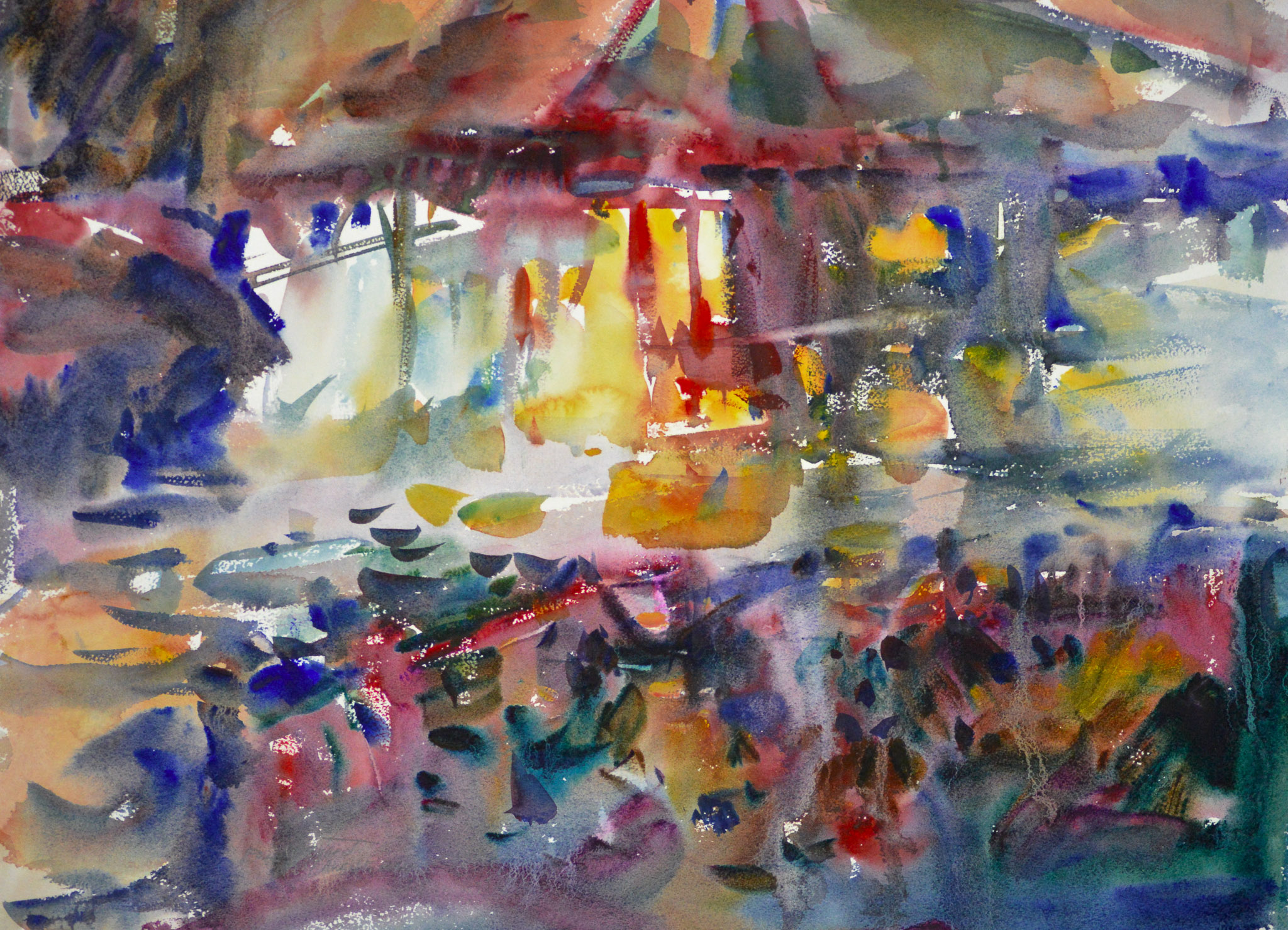 Watercolor pond study with a loosely suggested structure at center rendered in vertical blue and red strokes, surrounded by abstract washes of gold, blue, pink, and teal evoking water and surrounding vegetation.